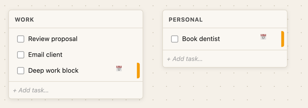 Screenshot: parchment canvas with Work and Personal tiles, each holding a few example tasks; one task in each tile is flagged for Today.