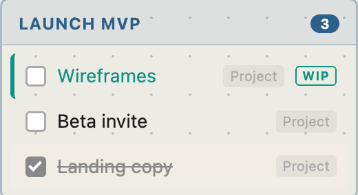 Screenshot: Launch MVP goal smart-tile with blue chrome, showing Wireframes (WIP), Beta invite (active), and Landing copy (done), each tagged with its source tile.