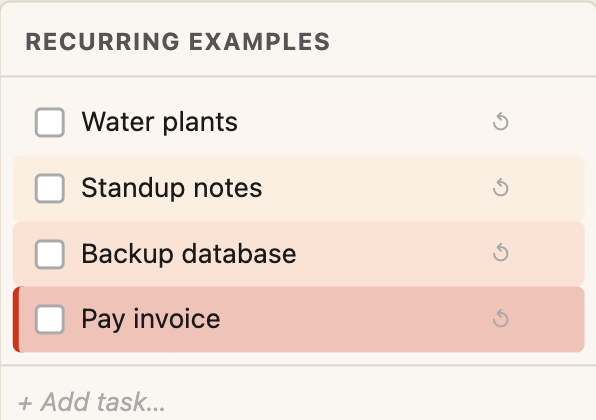 Screenshot: four daily recurring tasks in a tile — Water plants calm, Standup notes lightly amber, Backup database orange, Pay invoice deep red with a red left border.