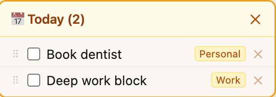 Screenshot: floating Today panel listing two flagged tasks, Book dentist from Personal and Deep work block from Work.